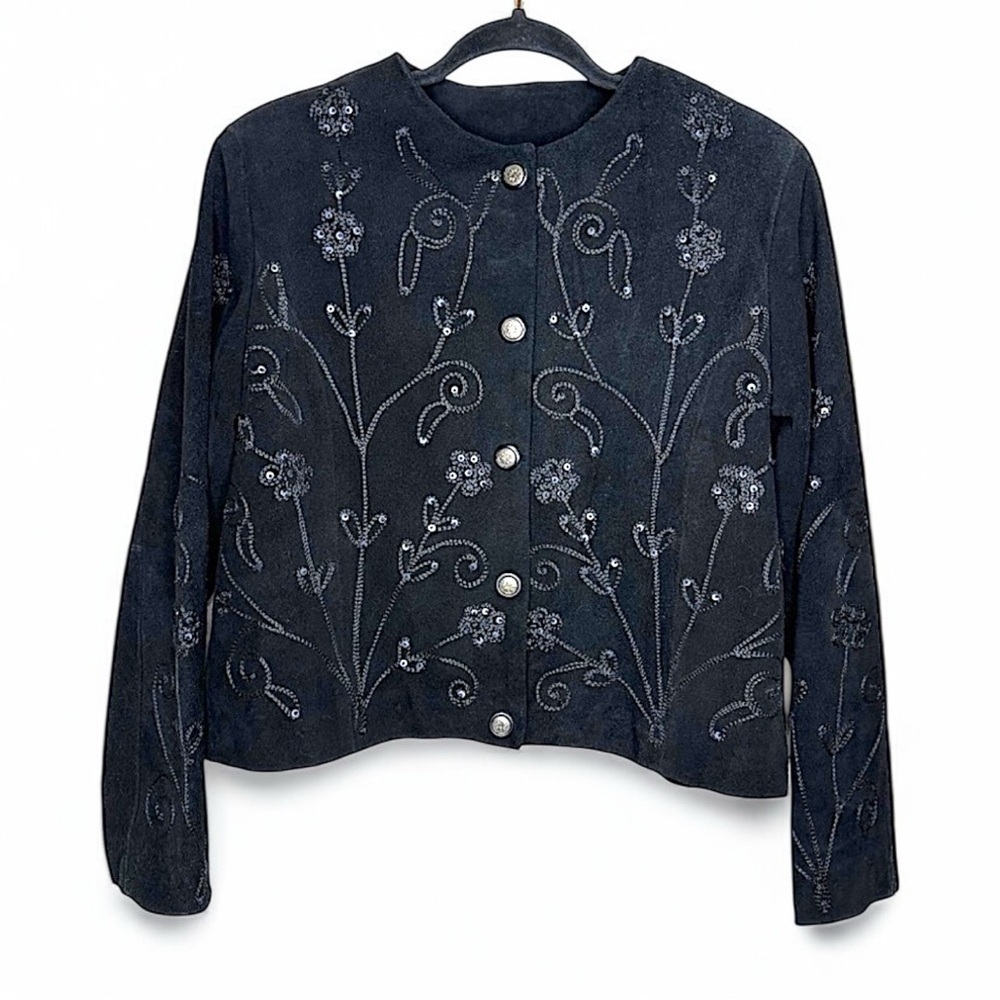 Vintage Embroidered Grunge Preppy Boho Chic Floral Genuine Leather Jacket Small